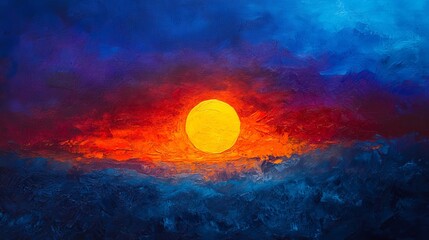 sunset, top view, indigo solid background, brilliant sun setting in a rich, deep blue sky, intense oranges and purples blending across the horizon.