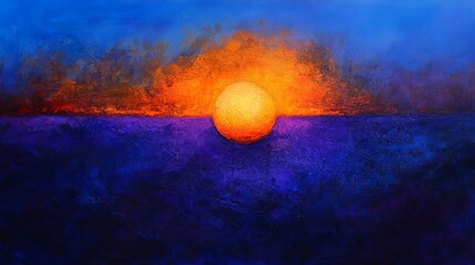 sunset, top view, indigo solid background, brilliant sun setting in a rich, deep blue sky, intense oranges and purples blending across the horizon.
