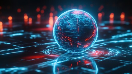 Wall Mural - futuristic digital globe surrounded by illuminated lines and nodes on a high-tech background for mod