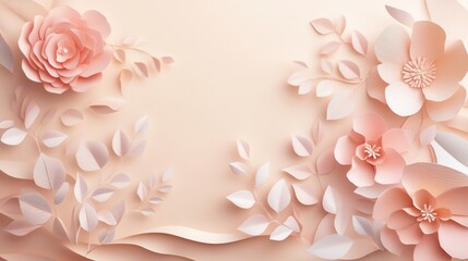 Aufkleber - Delicate pastel paper art background showcasing elegant flowers and leaves for luxurious design projects Generative AI