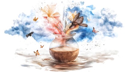 Leinwandbilder - A mystical and colorful watercolor inspired digital a detailed potion bottle infused with swirling pigments and textures symbolizing creativity and on a white background