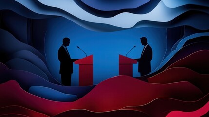 Poster - Bold political debate backdrop featuring dynamic silhouettes and engaging paper art design Generative AI