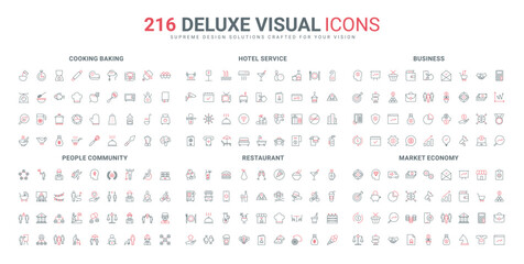 Wall Mural - kitchen equipment and tool to cook, bake, community and society, market economy line icon set. accom
