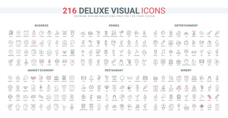 Wall Mural - restaurant menu, entertainment and ticket, market economy line icon set. wine production, glass bott