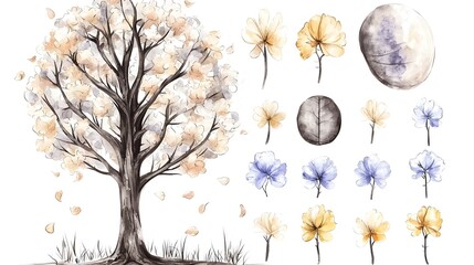 Poster - A vibrant and whimsical watercolor style collection featuring delicate tree branches  a variety of colorful spring blossoms  and lush leaves  perfect for seasonal designs  nature inspired artwork