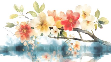 Poster - A vibrant watercolor style collection of spring blossoms and leaves featuring delicate tree branches and a variety of colorful flowers perfect for seasonal designs and nature inspired artwork