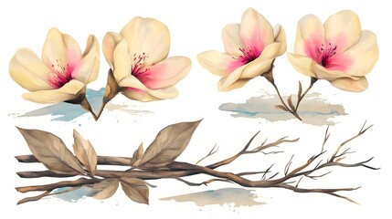 Poster - Delicate Botanical Watercolor with Lush Spring Blossoms and Leaves  A charming and airy floral composition featuring delicate pink and yellow blooms green foliage and a light
