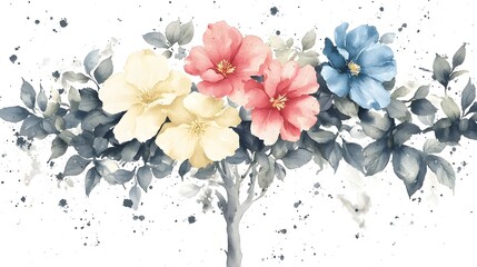 Poster - A delicate and refreshing watercolor floral design highlighting an assortment of spring blossoms and fresh green foliage set against a clean background creating a timeless seasonal aesthetic