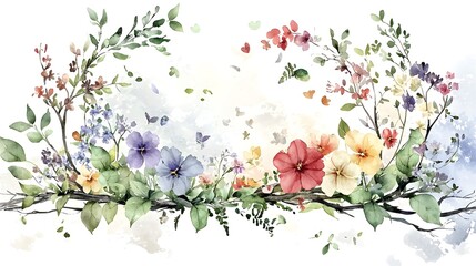 Aufkleber - Serene and Elegant Floral with a Harmonious Mix of Spring Flowers Branches and Leaves Enhanced by Soft Watercolor Details and a Vibrant Color Palette Great for Seasonal Themes and Botanical Designs
