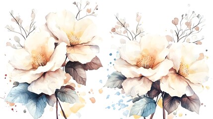Poster - Stunning watercolor floral featuring delicate white blooms and lush green leaves painted with soft details and natural beauty perfect for botanical art lovers and nature inspired design