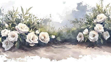 Poster - Stunning watercolor floral featuring delicate white blooms and lush green leaves painted with soft details and natural beauty perfect for botanical art lovers home decor wedding invitations and more