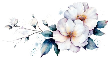 Poster - A stunning watercolor floral featuring delicate white blooms and lush green leaves painted with soft details and natural beauty perfect for botanical art lovers