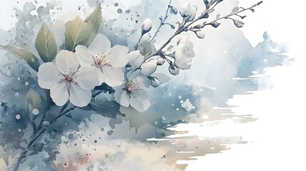 Aufkleber - A dreamy and soft watercolor flower composition featuring white blossoms and vibrant green leaves with gentle brushstrokes creating a serene and timeless botanical aesthetic