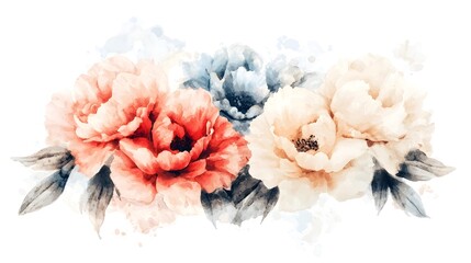 Poster - A beautifully detailed floral composition of peonies painted in a dreamy watercolor style their petals glowing in soft pinks deep reds and pastel tones surrounded by graceful foliage