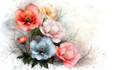 Poster - Vibrant watercolor floral showcasing lush peonies in various colors with delicate petals and rich greenery capturing the elegance and beauty of nature