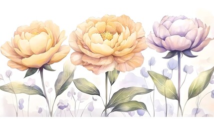 Poster - Stunning botanical watercolor painting featuring vibrant peonies in full bloom their soft and delicate petals blending seamlessly with lush green leaves radiating natural elegance and beauty