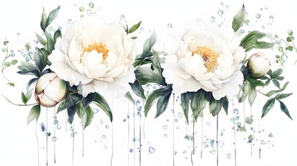 Poster - A stunning botanical watercolor painting featuring peonies in full bloom their soft yet vivid petals blending seamlessly with lush green leaves radiating natural elegance and beauty