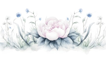 Poster - A timeless and graceful watercolor peony artwork highlighting the delicate beauty of these blooms surrounded by fresh greenery