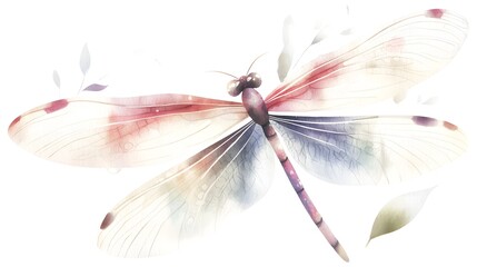Poster - Captivating watercolor dragonfly artwork showcasing its delicate intricate wings in a vibrant spectrum of colors floating gracefully against a plain backdrop  The ethereal