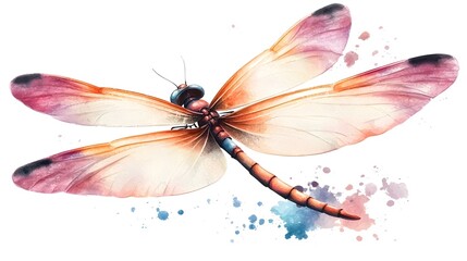 Poster - Breathtaking watercolor dragonfly artwork showcasing its delicate wings with intricate details painted in a vibrant spectrum of colors floating gracefully against a plain backdrop
