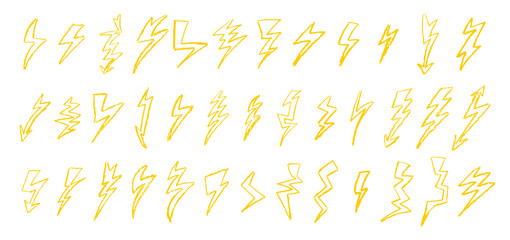 Wall Mural - set of lightning by wax pencil drawing. collection of handdrawing chalk , light flash signs, doodle 