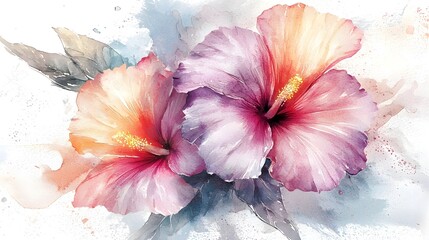 Poster - Vibrant and Expressive Watercolor Artwork Showcasing Blooming Pink and Orange Flowers with Intricate Details and Fluid Color Transitions Evoking Warmth and Beauty