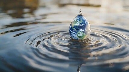 Wall Mural - A single droplet of water shaped like the Earth resting calmly on a water surface and creating rippling patterns
