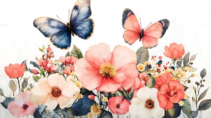 Poster - Enchanting vintage floral composition with intricately drawn butterflies dancing among lush blooms painted in a classic botanical style reminiscent of historical nature