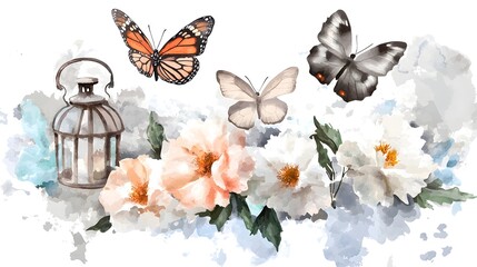 Poster - Beautifully detailed historical botanical artwork showcasing colorful butterflies fluttering among an array of delicate flowers blending antique charm with a design