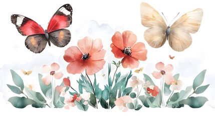 Poster - Exquisitely detailed and ornate botanical featuring a variety of vibrant flowers and graceful butterflies in a composition