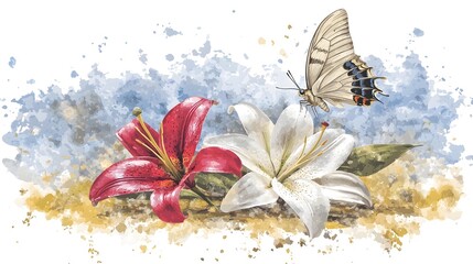 Poster - Vintage inspired Floral and Butterfly Composition in Soft Watercolor Shades Depicting Carefully Detailed Lilies and Butterflies Evoking a Sense of Tranquility and Natural Beauty
