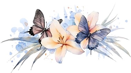 Poster - Vintage Inspired Floral and Butterfly Watercolor Composition Exuding Natural Beauty   A carefully detailed featuring lilies and butterflies painted in soft
