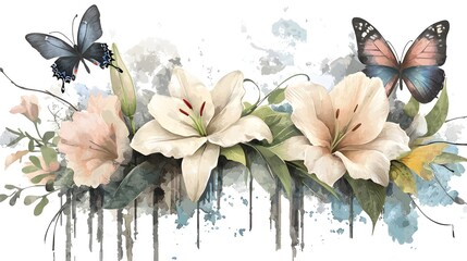Poster - A stunning floral and butterfly pattern featuring soft pastel hues and delicate designs beautifully blending lilies butterflies and other flowers to create a serene and composition