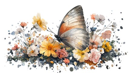 Poster - Elegant and dreamy botanical composition featuring a beautifully detailed butterfly resting above a delicate floral arrangement