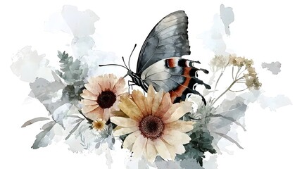Poster - A stunning showcasing a butterfly gracefully hovering above a bouquet of soft colored flowers with delicate petals and lush greenery capturing the serene beauty of nature