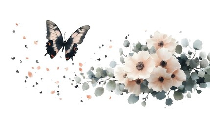 Poster - A stunning digital depicting a beautiful butterfly gracefully hovering above a bouquet of soft colored flowers with delicate petals and lush greenery capturing the serene beauty of nature