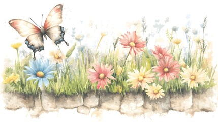 Poster - Exquisite watercolor painting depicting a bouquet of pastel hued flowers with a gracefully perched butterfly