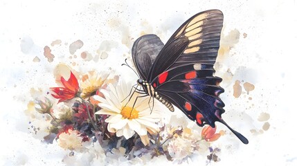 Poster - A serene and harmonious botanical scene depicting a graceful butterfly gliding above a lush bouquet of flowers with each petal and leaf painted in soft soothing colors to create a natural masterpiece