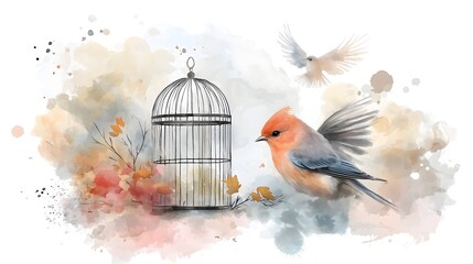 Poster - A captivating watercolor painting featuring graceful birds fluttering around ornate birdcages surrounded by vibrant floral arrangements and intricate brushstrokes in harmonious color tones