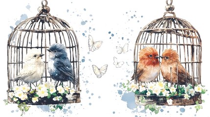 Poster - Whimsical and elegant watercolor design showcasing charming birds perched among blooming flowers and vintage birdcages