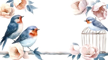 Poster - Elegant and Romantic Watercolor Artwork Featuring Delicate Birds Blooming Flowers and Decorative Birdcages in Soft Flowing Hues   A Nature Inspired Masterpiece