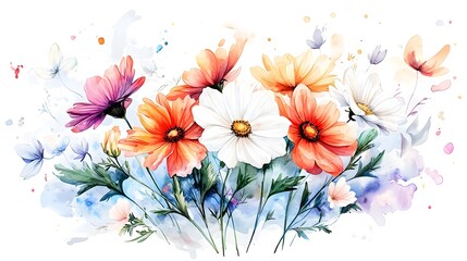 Poster - Exquisite botanical watercolor showcasing a rich bouquet of flowers in a spectrum of colors painted with soft and expressive brushstrokes to create an elegant and floral composition