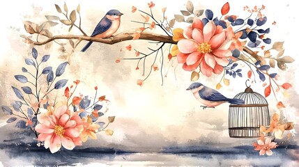 Poster - Enchanting Watercolor Artwork with Blooming Flowers Elegant Birds and Decorative Birdcages   A nature inspired masterpiece blending soft flowing hues intricate details and a romantic