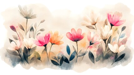 Poster - Exquisite botanical watercolor showcasing a rich bouquet of flowers in a spectrum of colors painted with soft expressive brushstrokes to create an elegant and composition
