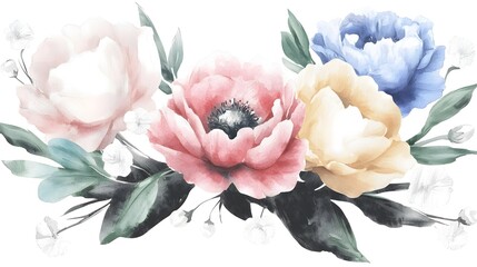 Poster - Exquisite botanical watercolor showcasing a rich colorful bouquet of flowers painted with soft expressive brushstrokes to create an elegant and composition