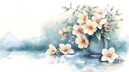 Poster - A captivating and floral watercolor piece where bold and pastel colored blossoms come together in a lush bouquet surrounded by a gently washed out painterly backdrop that creates a dreamy serene