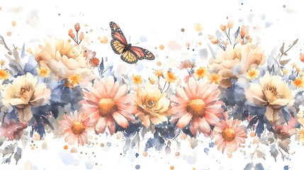 Poster - Enchanting Botanical Watercolor Painting Showcasing Colorful Blooms Swaying in the Breeze with a Monarch Butterfly Resting on a Delicate Petal Creating a Dreamy Summer Inspired Scene