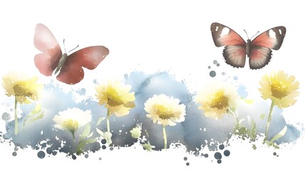 Poster - A whimsical and delicate watercolor floral composition where vibrant blossoms sway in harmony with the gentle wind as a monarch butterfly adds a touch of elegant grace to this summer inspired scene