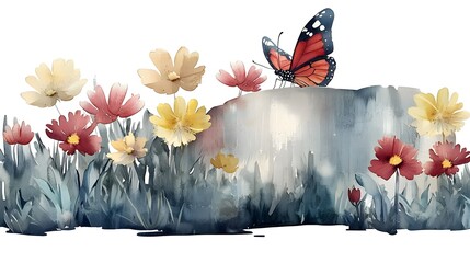 Aufkleber - Dreamy and Watercolor Garden Scene with Lush Hand Painted Blooms Bathed in Warm Sunlight and a Graceful Monarch Butterfly