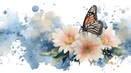 Poster - A refreshing and vibrant watercolor artwork showcasing a colorful floral meadow with a monarch butterfly painted with soft brushstrokes that evoke the movement of a gentle summer breeze